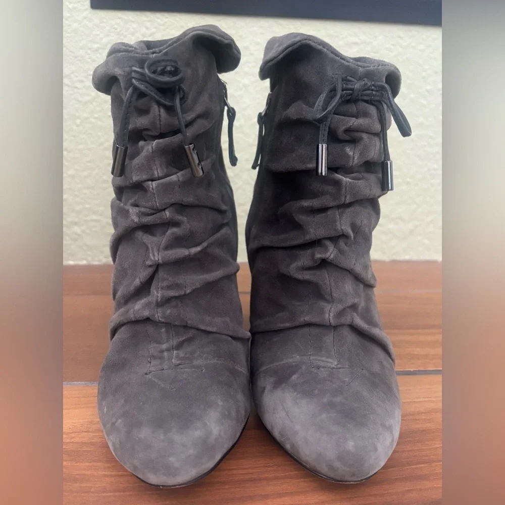 Reiss Grey Suede Ruched Ankle 3” Heeled Bootie Size 6.5